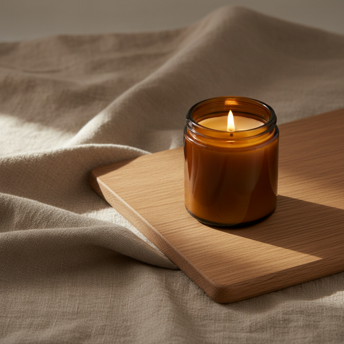 Lit candle in an amber glass jar on linen beside a pale wooden board