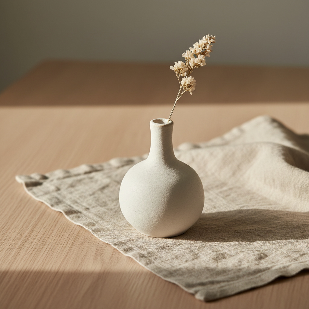 Chalk-white ceramic bud vase with a delicate dried stem on natural linen