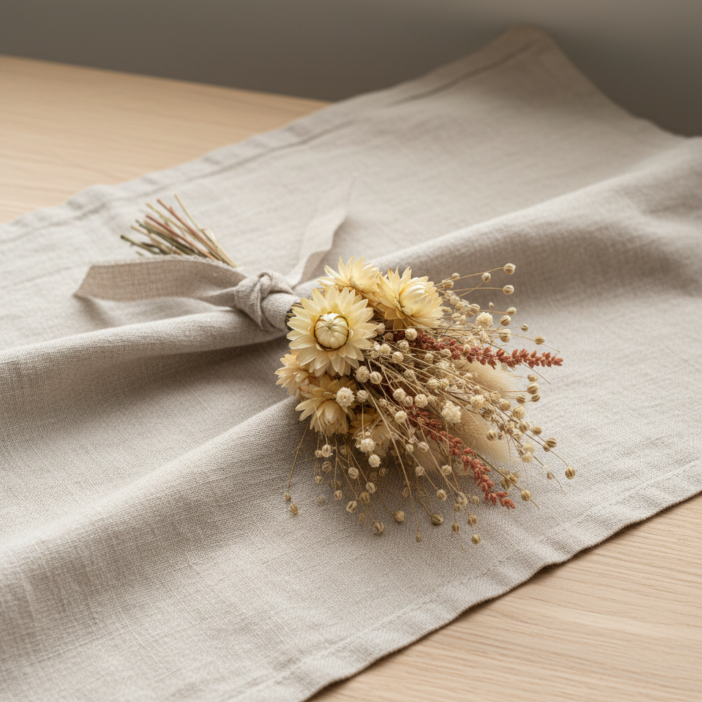 Hand-tied posy of cream and terracotta dried flowers on natural linen