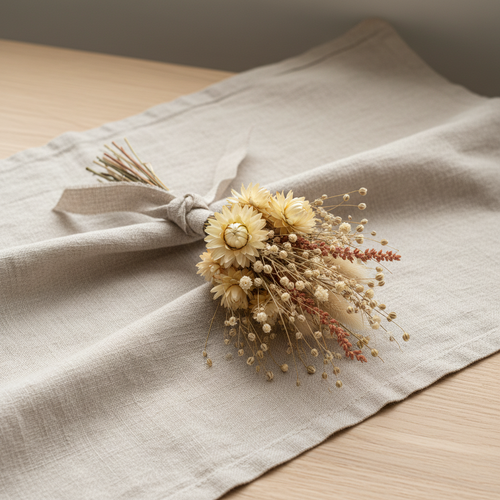 Hand-tied posy of cream and terracotta dried flowers on natural linen