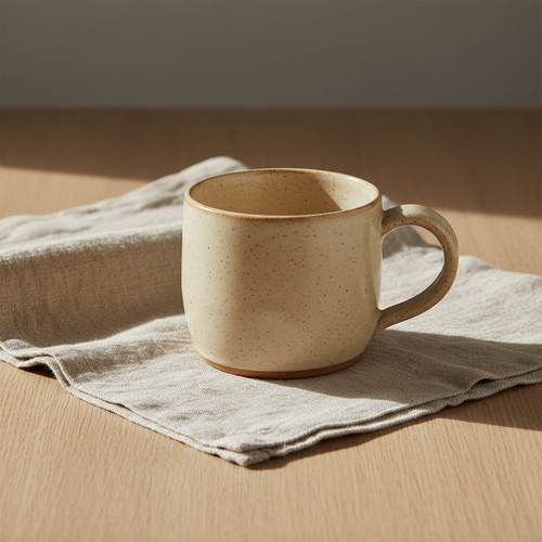 Ivory speckled stoneware mug on natural linen and a wooden table