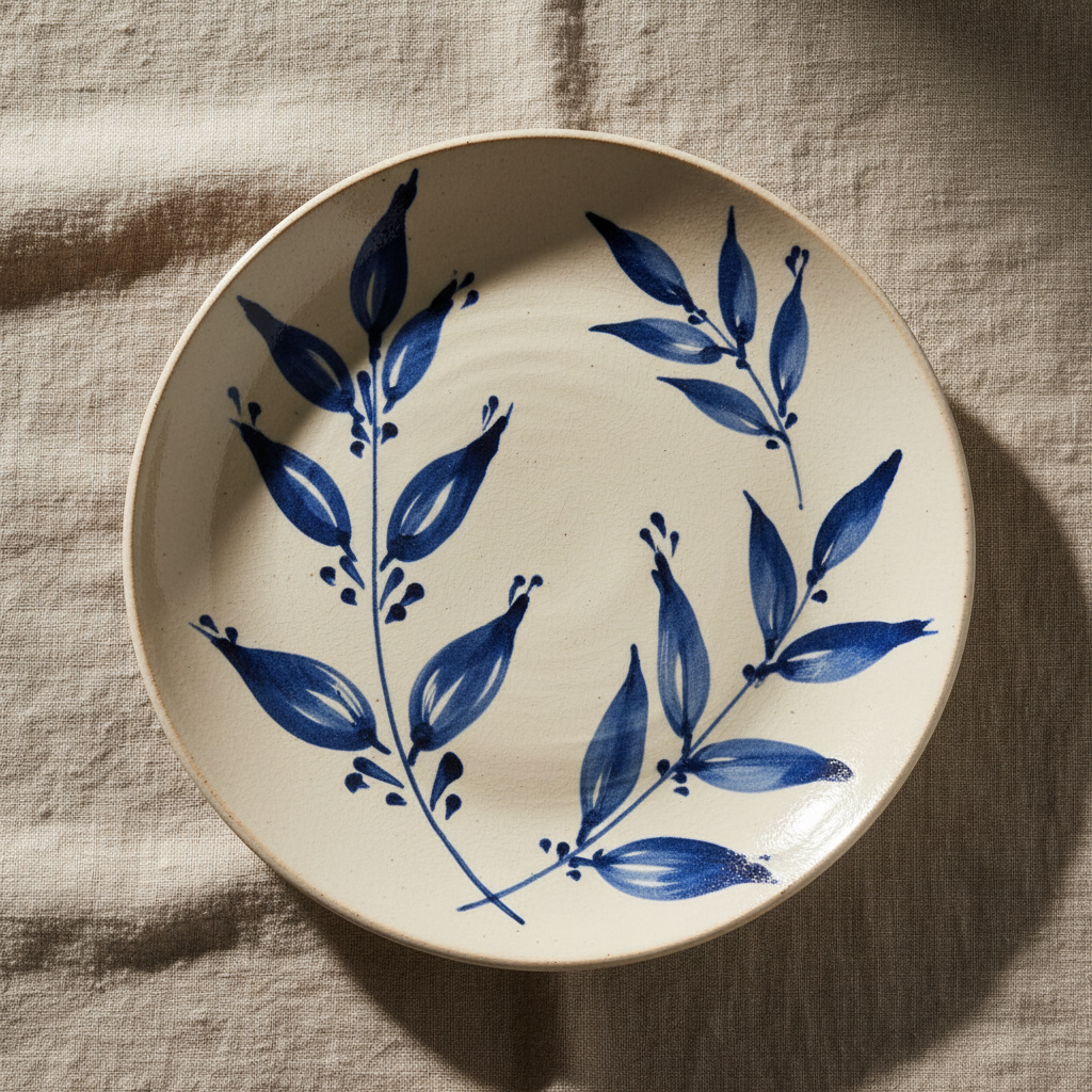 Ivory ceramic plate with hand-painted blue leaves on natural linen