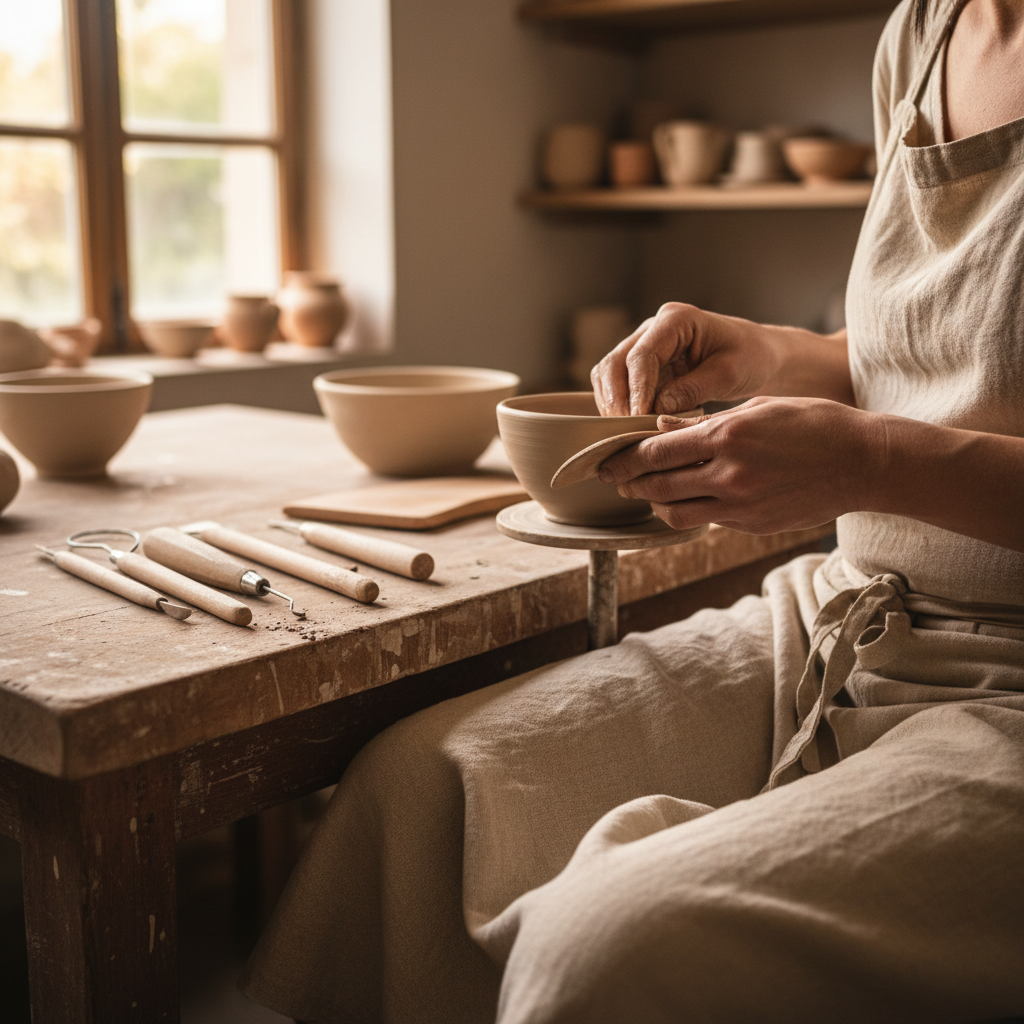 Hands shaping a clay bowl at a warm, naturally lit pottery studio