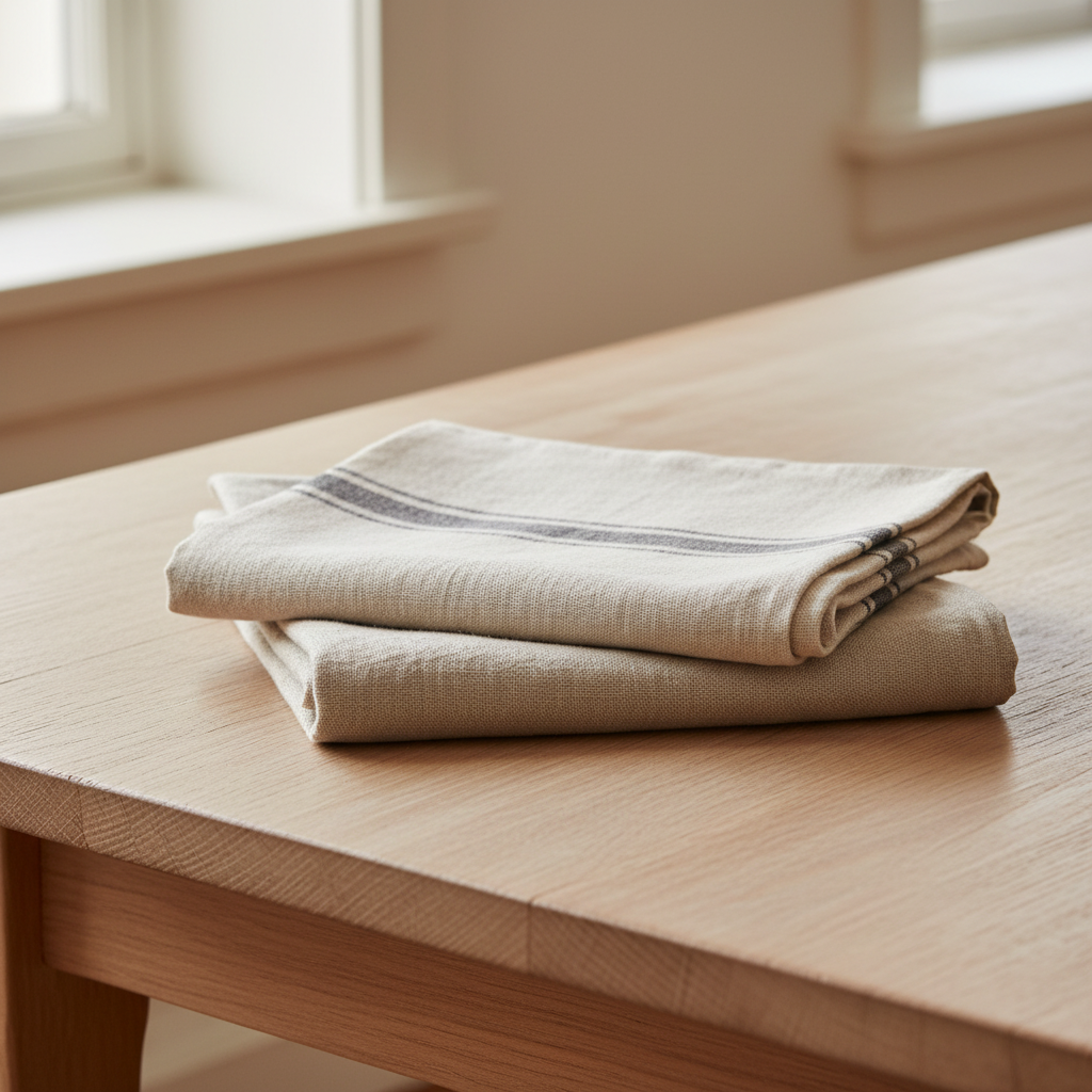Two folded linen tea towels in oatmeal and ivory with charcoal stripes