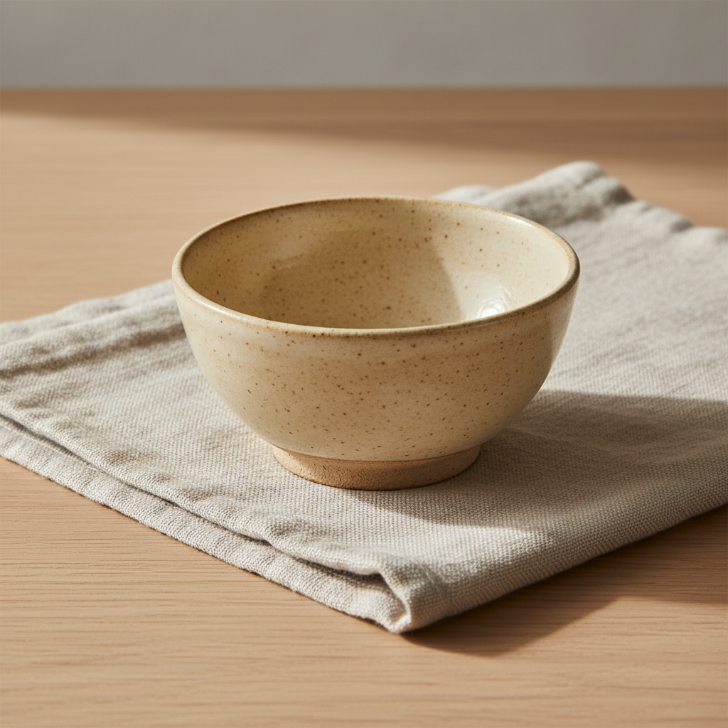 Small ivory speckled stoneware bowl on natural linen and pale wood