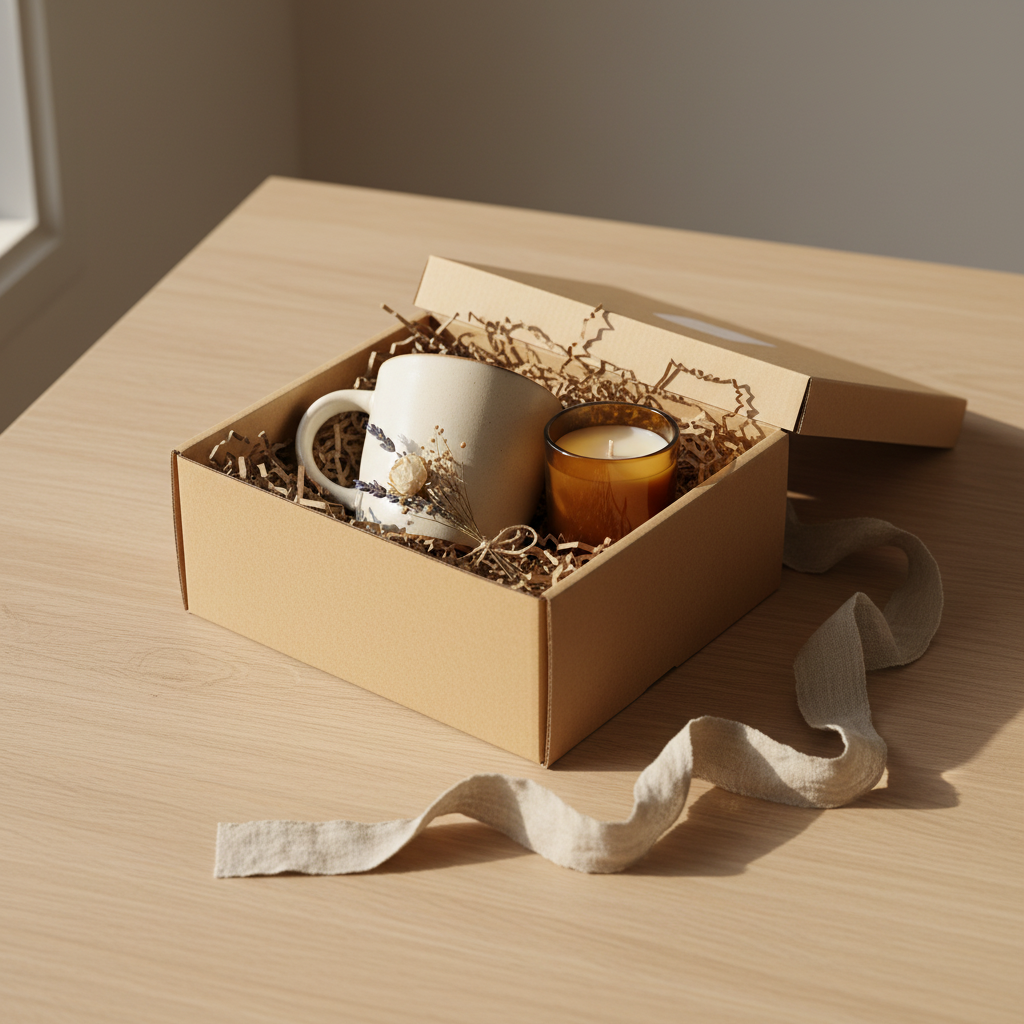 Kraft gift box with an ivory mug, an amber candle and a dried flower posy