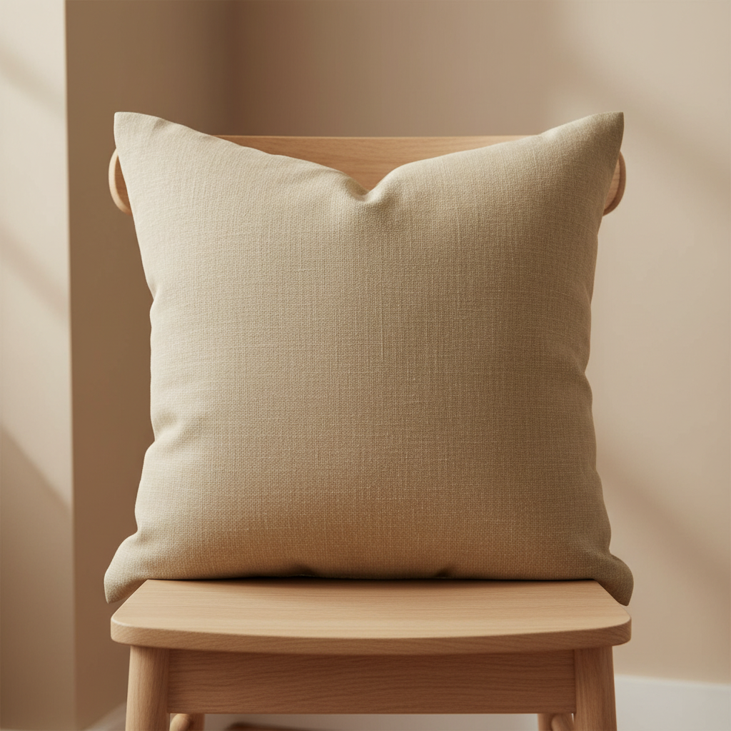 Oatmeal washed linen cushion resting on a pale oak chair